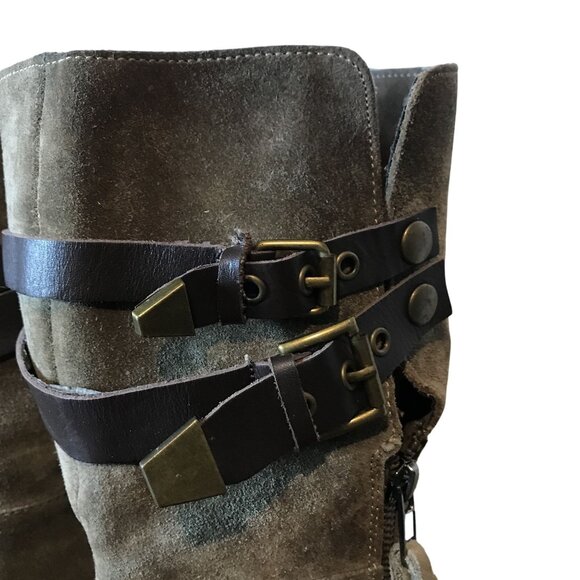 VERY VOLITILE Tan Suede Knee High Boots Womens 7 Side Zip Straps - Picture 7 of 14